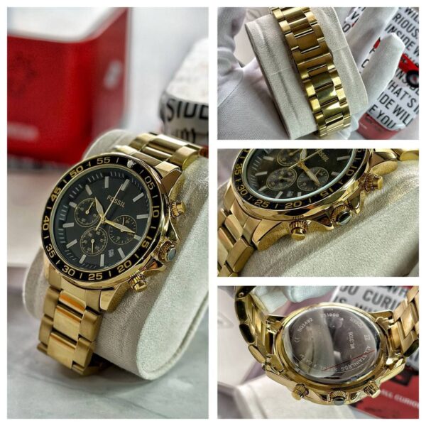 *This 45 mm Fossil Bonson features a black satin dial, chronograph movement and full golden metal strap* ✅ - Image 3